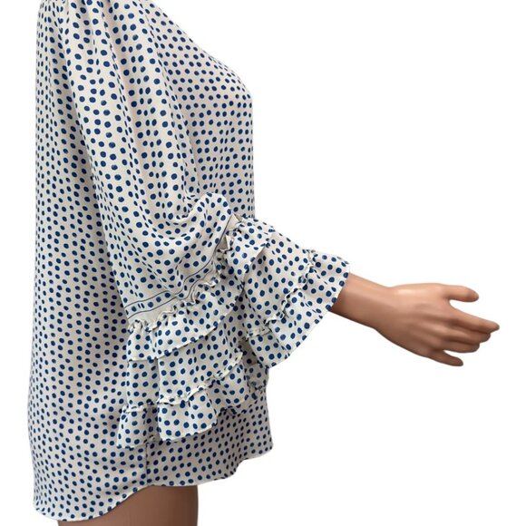 Max Studio Women SZ XL Blue Polka Dot Top Blouse Ruffle Bell 3/4 Sleeve Pullover - Picture 14 of 16